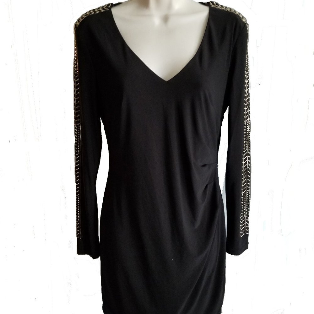 NWT Crystal Doll Black Dress Gathered Side Gold Trim on Sleeves